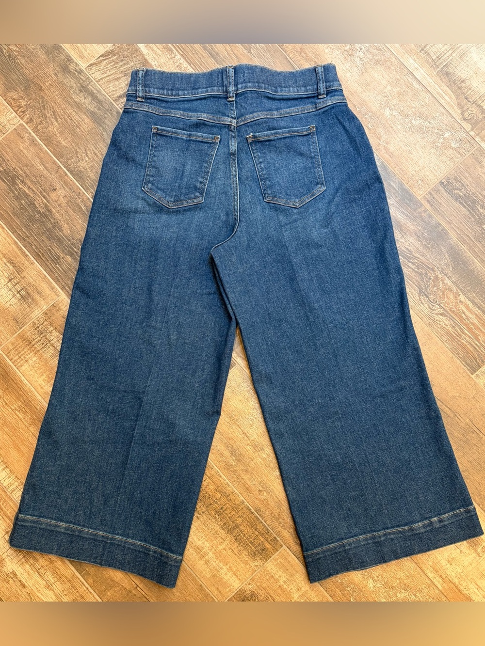 SPANX Dark Wash Cropped Wide Leg Jeans Culottes Size L - Picture 3 of 10